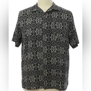 90s ISLAND REPUBLIC Silk Button Down Short Sleeve Shirt Tan/Black Print Size M